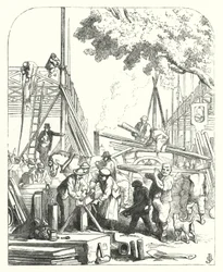 Arbeiders op de bouwplaats van het Crystal Palace, Hyde Park, Londen, locatie van de Grote Tentoonstelling van 1851