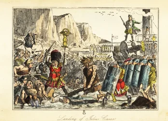 Een vaandeldrager van het 10e legioen in berenvel leidt Romeinse infanterie naar een strand bij Sandwich, 54 v.Chr.