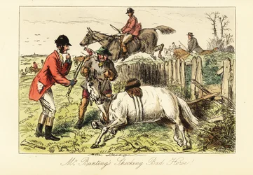 Engelse heer met zijn gevallen paard tijdens een vossenjacht