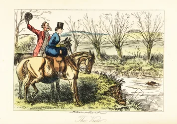 Engelse jager en dame kijken naar een vos die een rivier overzwemt