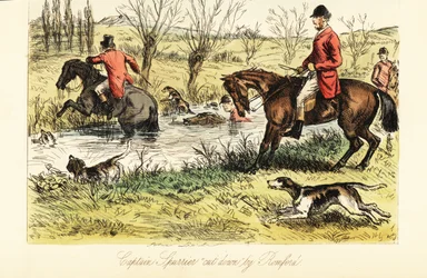 Engelse jager steekt een rivier over met vossenhonden