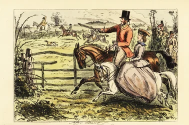 Engelse dame rijdt zijwaarts in een vossenjacht