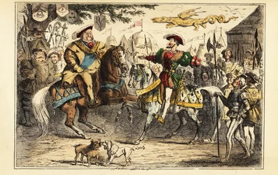 Hendrik VIII van Engeland ontmoet Frans I van Frankrijk te paard op het Veld van het Gouden Laken, 7 juni 1520