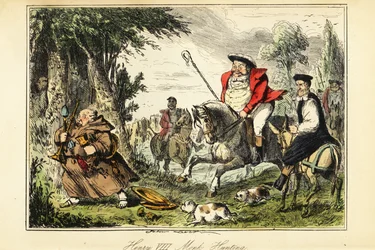Koning Hendrik VIII in Victoriaanse jachtoutfit met een herdersstaf te paard achtervolgt een katholieke monnik die met het kerkelijke goud vlucht