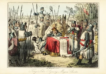 Koning Jan omringd door baronnen en bisschoppen die de Magna Carta ondertekenen in Runnymede