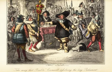 Oliver Cromwell verwijdert de knots uit de Kamer van het Lagerhuis en ontbindt het Rump Parliament in 1653