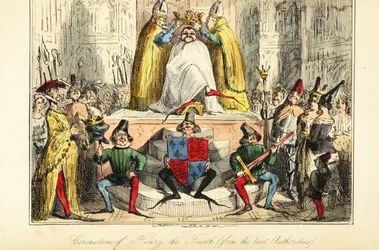 De kroning van koning Hendrik IV van Engeland met een enorme kroon