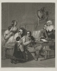 De familie van Cromwell smeekt om het leven van Karel I, prent gemaakt door Alfred Johannot
