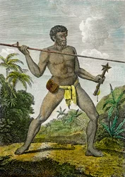 Afbeelding van een man uit Nieuw-Caledonië die een speer gooit. In zijn andere hand houdt hij een knots, ca 1800 (gravure)