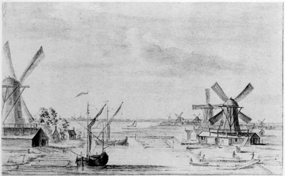 Een uitzicht op de houtzaagmolens aan de Zaan, de stad Zaandam daarachter