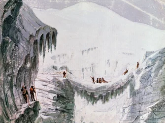 Beklimming van de Mont Blanc, klimmers hangen aan een spleet, aquarel, Frankrijk