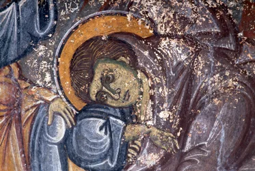 Beeld van heilige, door Ioannis Pagomenos, detail van fresco in Byzantijnse kerk van St George, Anidri, Kreta, Griekenland