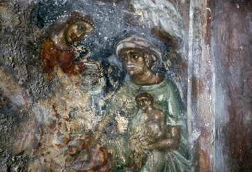 Fresco van de Heilige Familie, Byzantijnse kerk van Ayios Stephanos, Drakona, Kreta, Griekenland