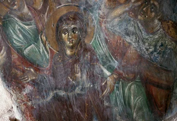 Fresco van heilige in de Byzantijnse kerk van Ayios Stephanos, Drakona, Kreta, Griekenland