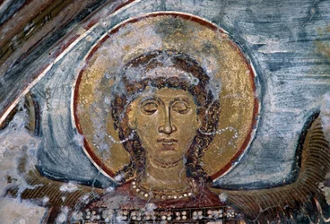 Fresco met engel in de Byzantijnse kerk van Agios Georgios, Vathi, Kreta, Griekenland