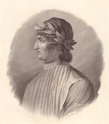 Portret van Italiaanse dichter en humanist Angelo Ambrogini ook bekend als Poliziano (1454-1494), kopergravure door G Bonatti