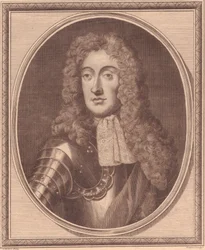 Portret van Jacobus II van Engeland (1633-1701), kopergravure door John Goldar naar schilderij van G Kneller