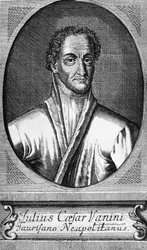 Portret van Lucilio Vanini, bekend als Giulio Cesare Vanini (1585-1619), Italiaanse filosoof, arts en vrijdenker die een van de eerste belangrijke vertegenwoordigers van het intellectuele libertinisme was, gravure