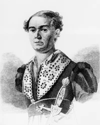 Portret van Vasily Andreevich Karatygin (1802-1853), Russische acteur, gravure uit Russkaya Talia, bloemlezing door Faddey Venediktovich Bulgarin, gepubliceerd in 1825