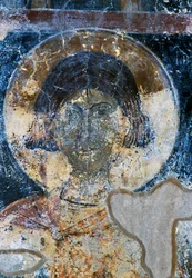 Heilige, fresco door Ioannis Pagomenos in de St Nicolaaskapel, Maza, Kreta, Griekenland