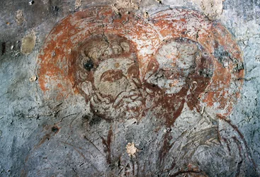Heiligen Petrus en Paulus, fresco in de kerk van Agios Antonios, Avdou, Kreta, Griekenland