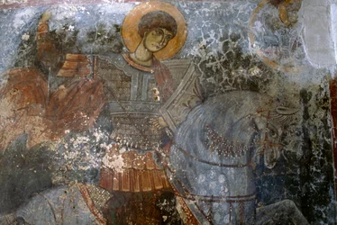 Sint Joris, fresco door Ioannis Pagomenos in de kerk van Agios Georgios, Anidri, Kreta, Griekenland