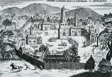 De Kozakken onder leiding van Stepan Razin vallen de vesting Astrakhan aan in 1670, Rusland