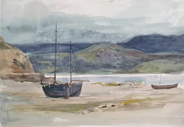 Heuvelachtig kustlandschap met boten