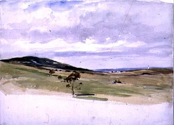 Landschap met een windmolen en dorp, 19e eeuw