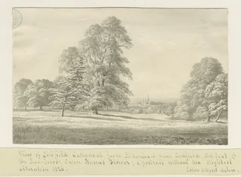 Lichfield Kathedraal - Uitzicht vanaf Aldershaw (verre): sepia tekening