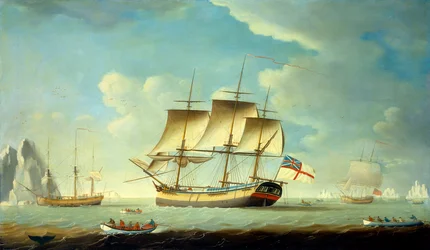 Een walvisvaarder en andere schepen in een lichte bries, c.1790