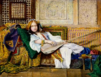 "In de harem" Oosterse vrouw liggend op een sofa, met een cistrum (luit) in de hand. Schilderij van John Atkinson Grimshaw (1836-1893)