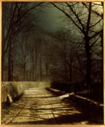 J.A.Grimshaw, Maanverlichte laan met twee geliefden bij een poort / Gem.