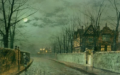 Oud Engels huis, maanlicht na regen