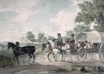 Belgische wagen die gewonden vervoert van het slagveld na de Slag bij Waterloo, 1815