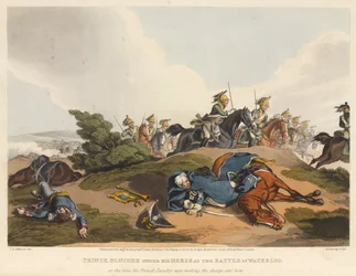 Prins Blucher onder zijn paard bij de slag om Waterloo, toen de Franse cavalerie over hem heen reed, gegraveerd door M. Dubourg, 1819