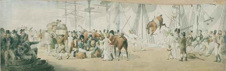 Het inschepen van troepen en paarden in Margate (Engeland), rond 1800. Aquarel door John Augustus Atkinson (1775-1833), begin 19e eeuw