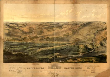 Slagveld van Gettysburg. Slag gevochten bij Gettysburg, Pa., 1, 2 en 3 juli 1863 door de federale en confederale legers, respectievelijk onder bevel van Genl. G. G. Meade en Genl. Robert E. Lee