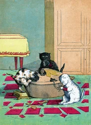 Drie kleine kittens met wanten en een taart etend, Illustratie uit "Three Little Kittens"
