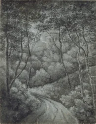 Landschap met een pad door een bos en een klassieke tempel