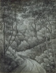 Landschap met een pad door een bos en een klassiek tempel, eind 18e eeuw