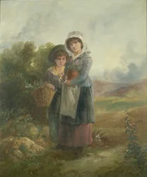 Twee plattelandsmeisjes met bloemen