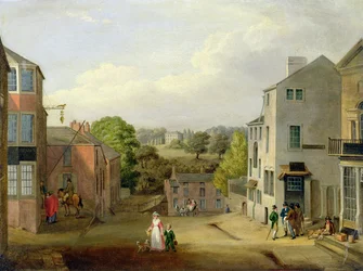 Straatscène in Chorley, Lancashire, met uitzicht op Chorley Hall