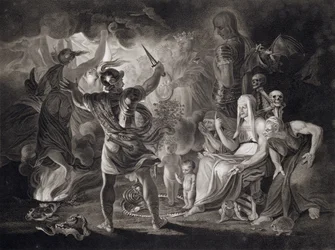 Macbeth, de drie heksen en Hecate in Act IV, Scene I van 