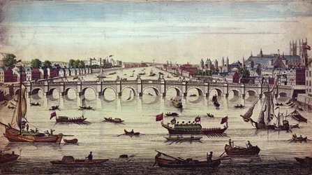 Westminster Bridge, kijkend naar het westen, gepubliceerd door J. Bowles, 1747