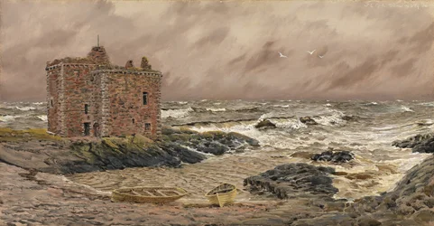 Zuid-oostelijke storm bij Portencross Castle, 1886