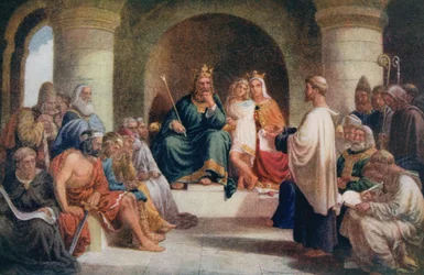 Koning Alfred (849-99) legt zijn wetten voor aan de Witan, illustratie uit 