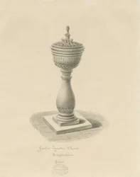 Doopvont in Ingestre Kerk: sepia tekening