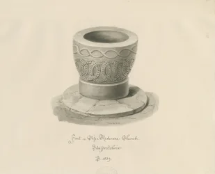 Doopvont in Pipe Ridware Church: sepia tekening