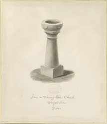 Doopvont in Sheriffhales Kerk: sepia tekening